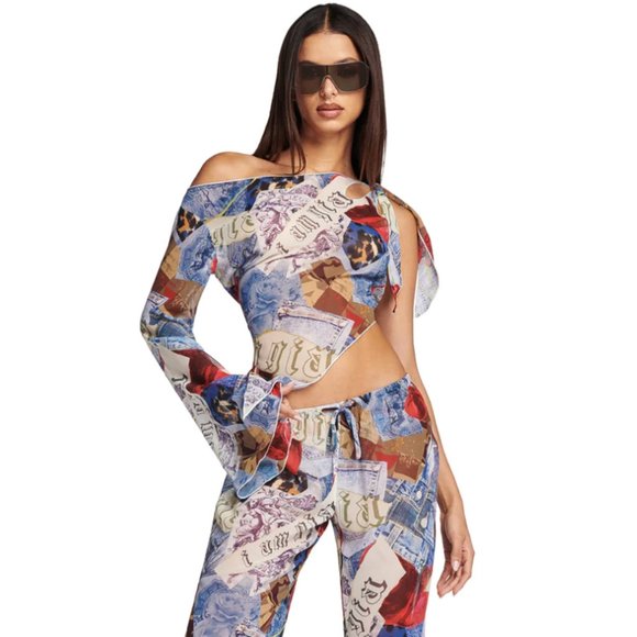 I.AM.GIA Tops - I.AM.GIA | Renni Custom Denim & Cherry Printed Asymmetrical Top Semi-Sheer Mesh